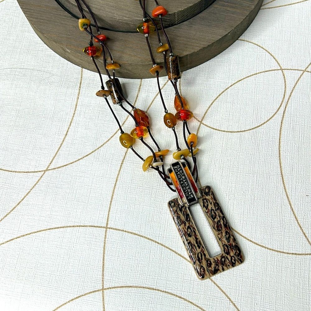 CHICO'S Necklace Rectangle Pendant Multi Strand Orange Beads Brown Beaded Cord